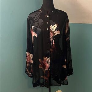 Chico's Floral Button-Down Burnout Velvet Sheer Blouse Size One (Medium)